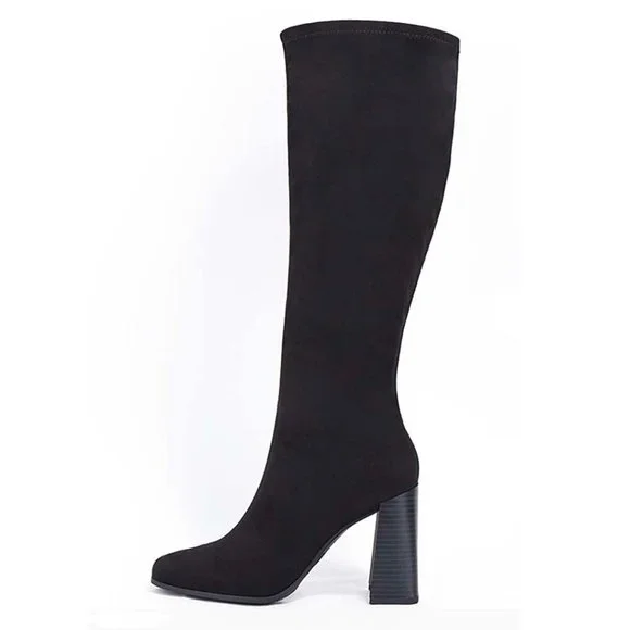 Black Microsuede Block Heel Knee High Boots - Picture 2 of 6